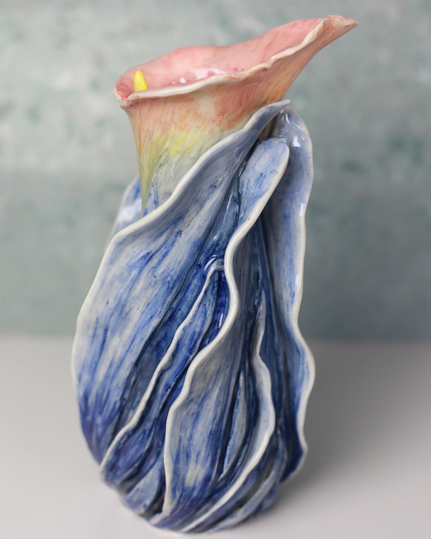Handmade Porcelain Calla Lily Vase – Wheel-Thrown & Hand-Built, Hand-Painted Ceramic Art, Glossy Glazed Floral Pottery