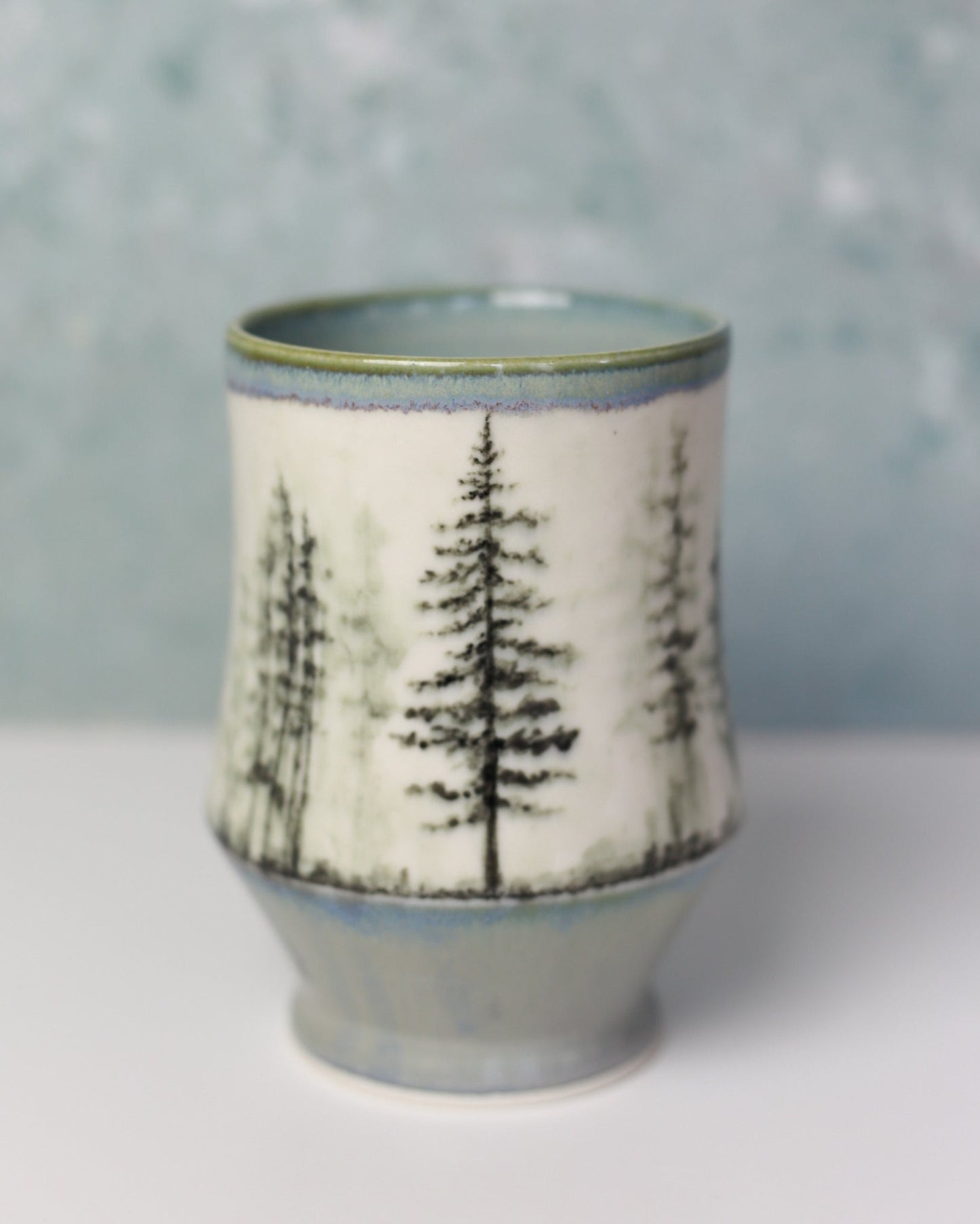 Handmade Porcelain Mug – PNW Foggy Pine Forest Design, 16 oz Large Coffee Mug, Dishwasher & Microwave Safe
