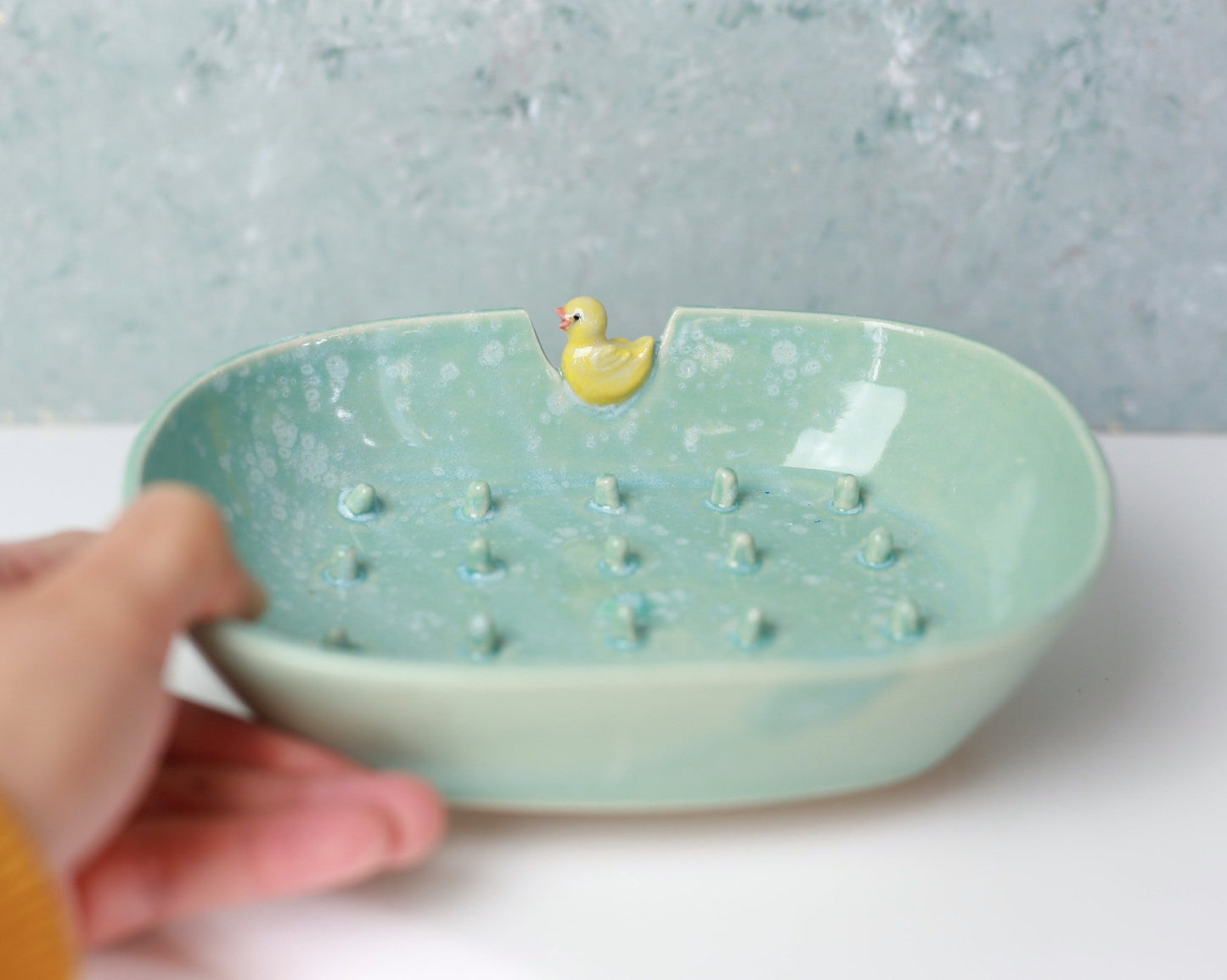 Light blue ceramic dish with a duck design held by a hand against a light gray background