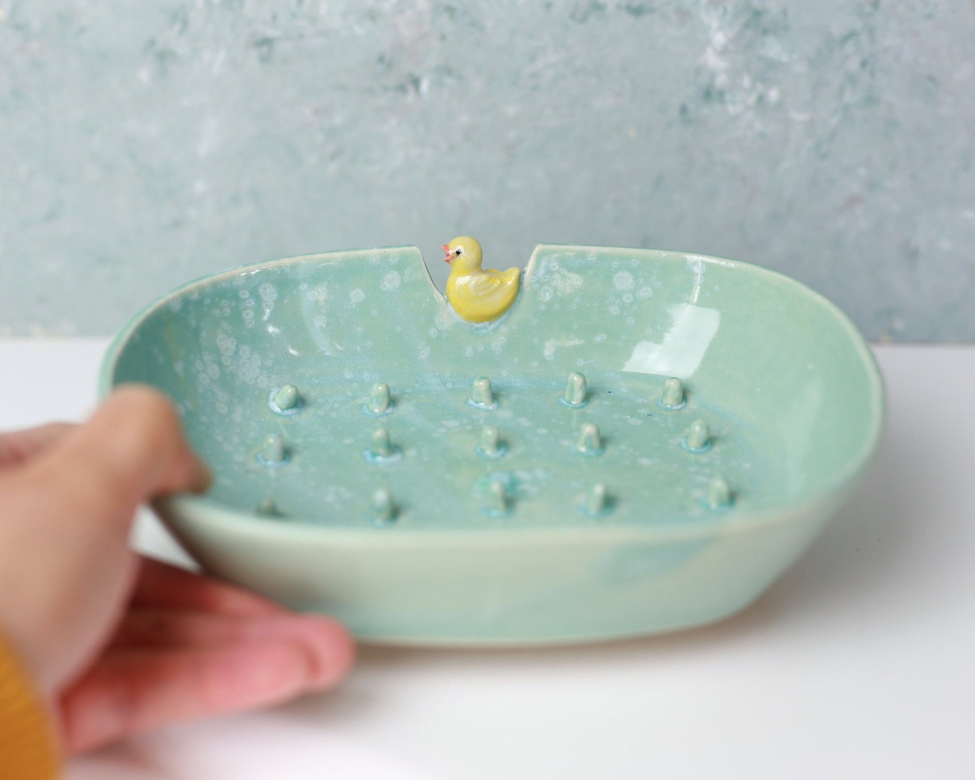 Light blue ceramic dish with a duck design held by a hand against a light gray background