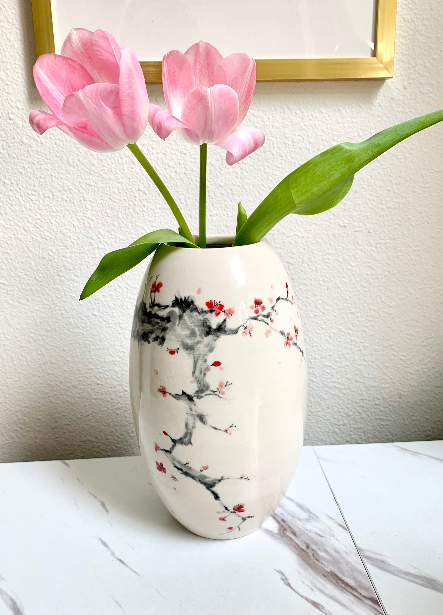 Porcelain vase with handpainted cherry blossom, handmade vase