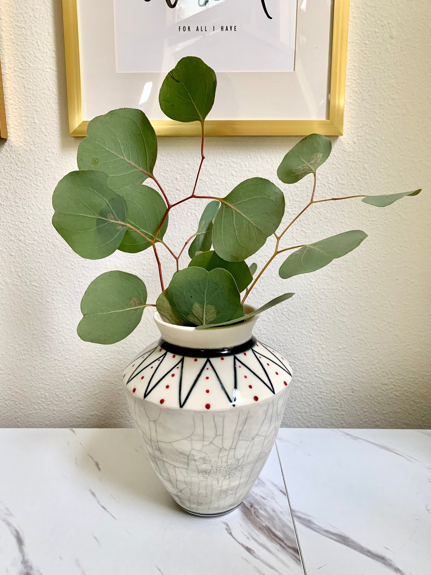 Porcelain vase with geometric lines, crackled vase, black and white vase