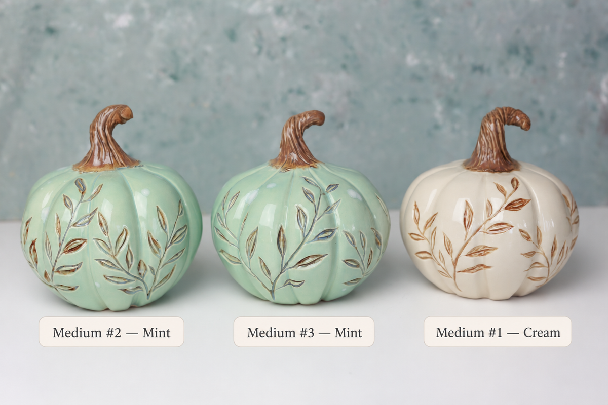 Three decorative ceramic pumpkins shown side by side on a white surface against a textured light blue-gray background. Each pumpkin has a painted leaf pattern and a brown stem.