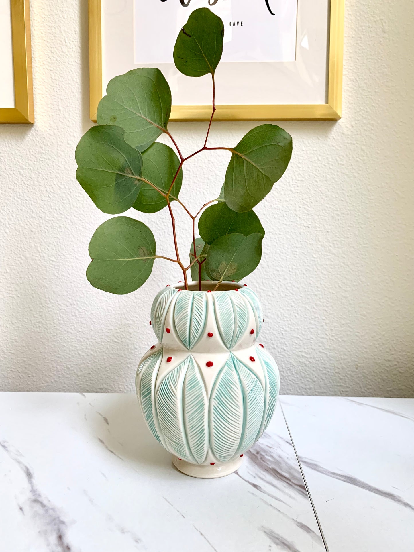 Porcelain vase with leaf mandala in green red, handmade vase,