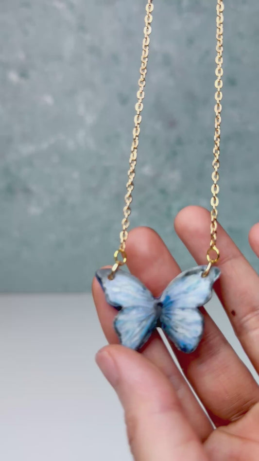 Handmade Porcelain Butterfly Necklace – blue green realistic butterfly pendant, 20 inch chain length