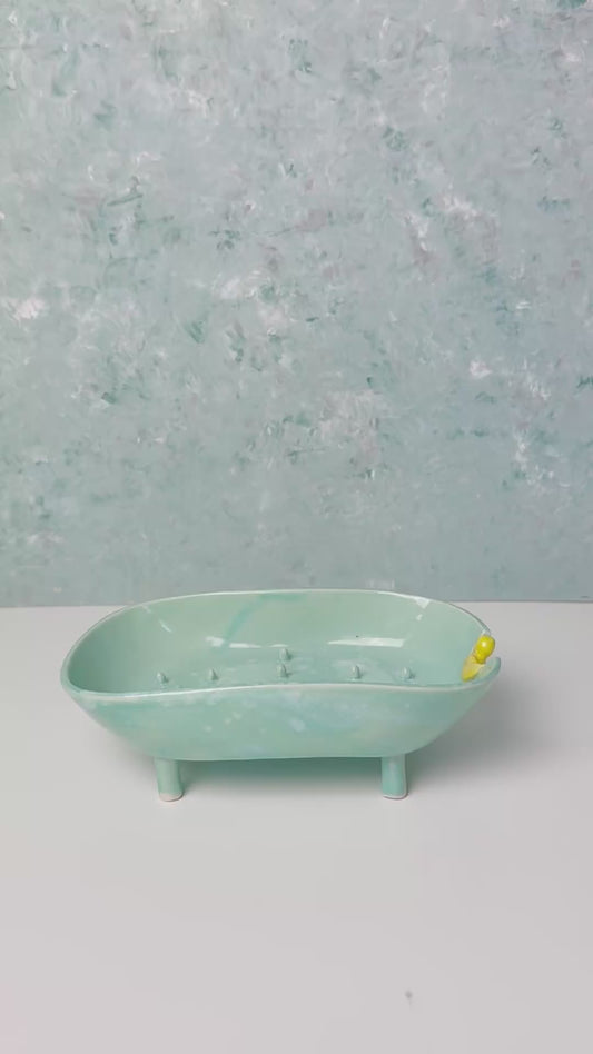Handmade Porcelain Soap Dish – Mini Bathtub with Yellow Duck, Handbuilt & Painted, Semi-Translucent Turquoise Glaze