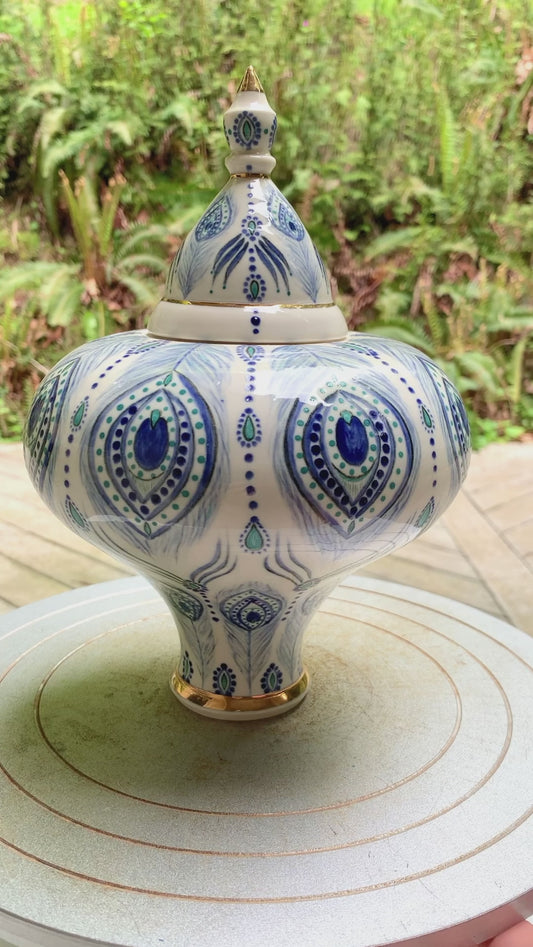 Unique porcelain jar with peacock feather mandala and gold, handmade jar, manifestation jar