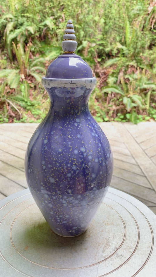 Tall porcelain jar with blue white crystal and 22 k gold, handmade jar, multipurpose jar, tall vase