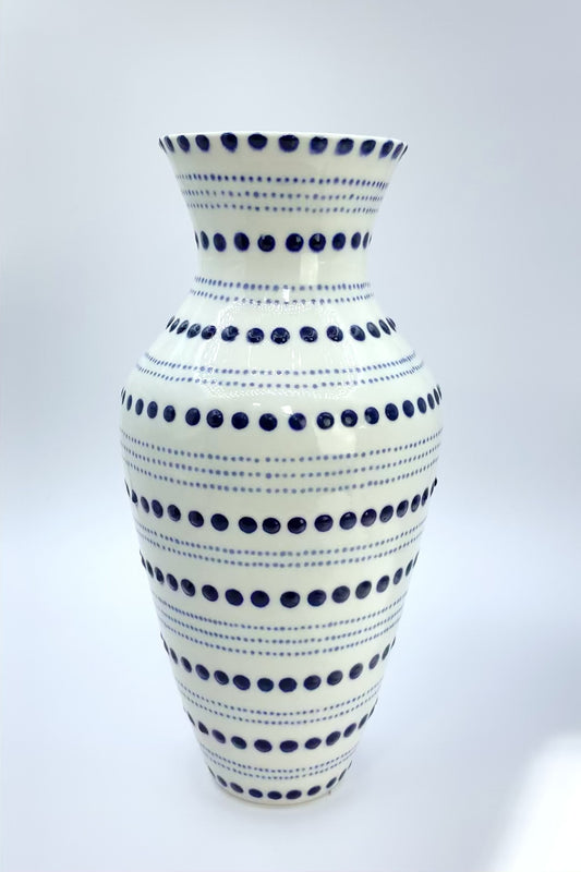 Tall porcelain vase with blue dots, handmade vase
