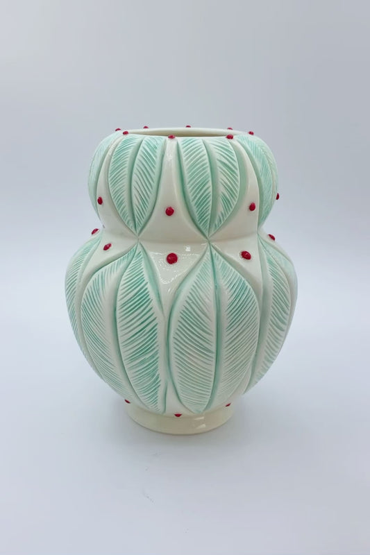 Porcelain vase with leaf mandala in green red, handmade vase,