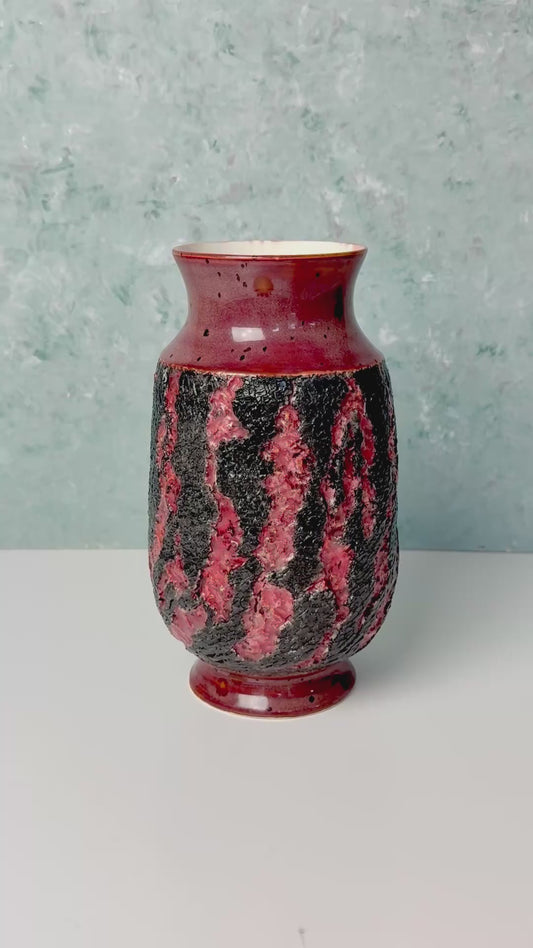 Handmade Porcelain Lava Vase – Hand Carved & Painted Ceramic, Dark Red, Black Textured Pottery
