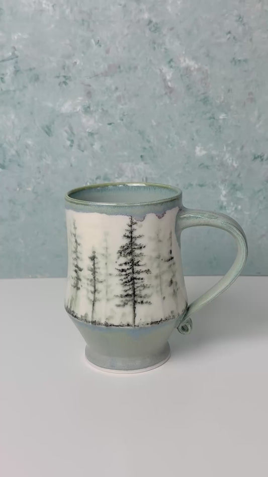 Handmade Porcelain Mug – PNW Foggy Pine Forest Design, 16 oz Large Coffee Mug, Dishwasher & Microwave Safe