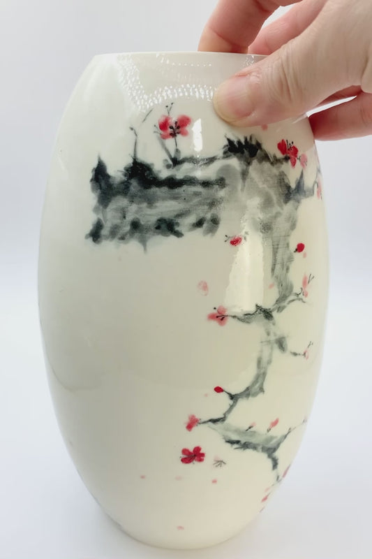 Porcelain vase with handpainted cherry blossom, handmade vase